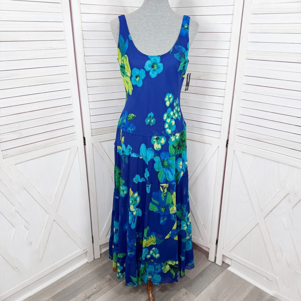 New Directions Tropical Flower Print Tiered Maxi Slip Dress‎ Blue Green 10